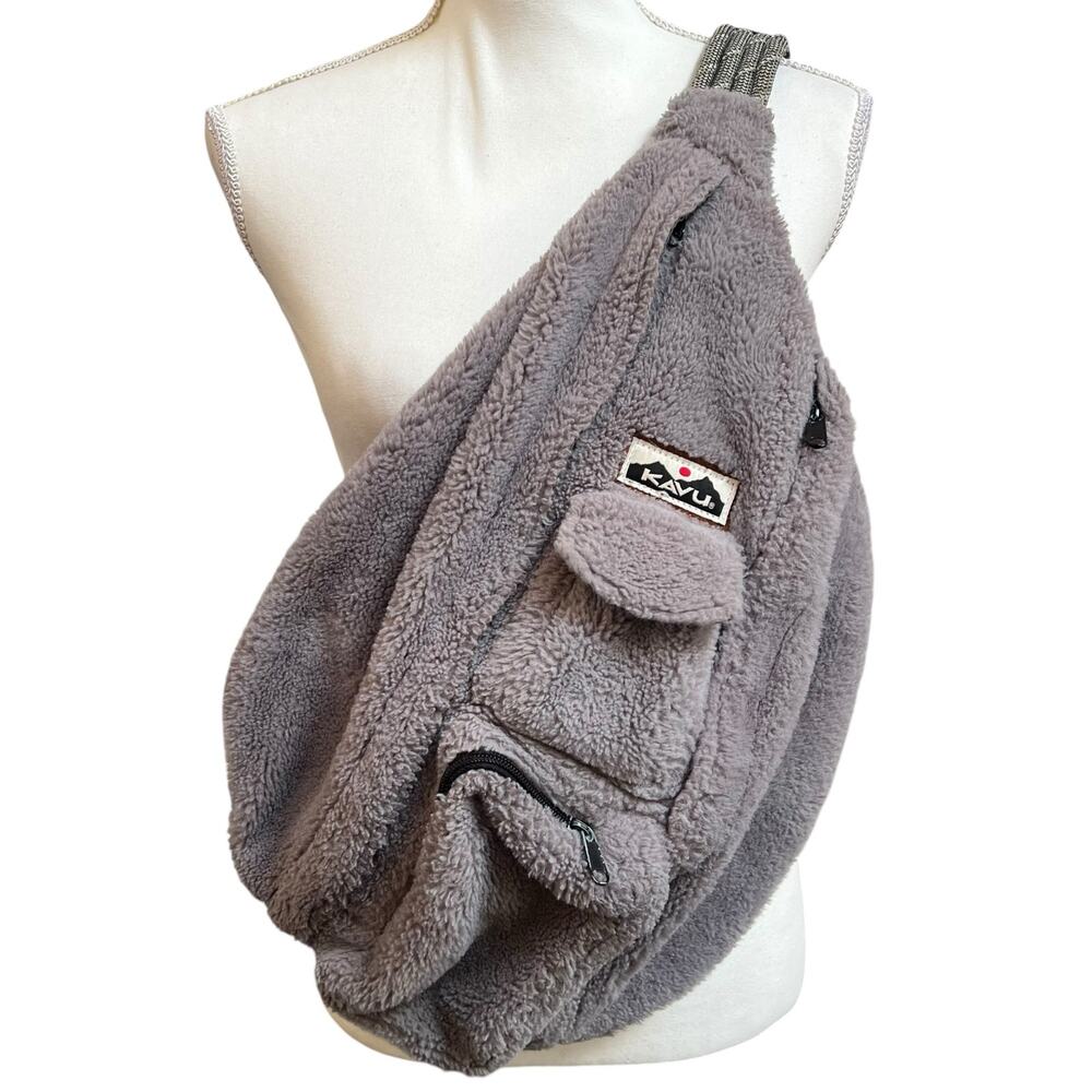 KAVU Gray Sherpa Fleece Rope Sling Crossbody Backpack One Size Outdoor Travel